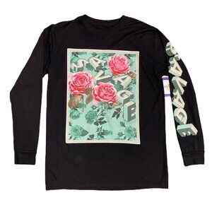 Hustle OG L Savage Tshirt Long Sleeve Spell Out Graphic Print Roses Streetwear